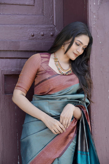 Rama & Maroon Pure Soft Silk Saree With Twirling Blouse Piece