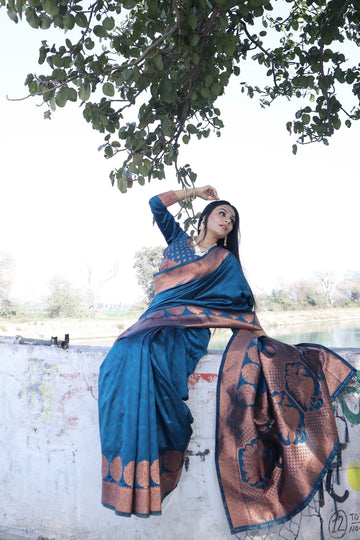 Rama Soft Silk Saree With Girlish Blouse Piece