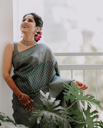 Rama Semi Silk Saree Weaved With Copper Zari With Attached Heavy Brocade Blouse