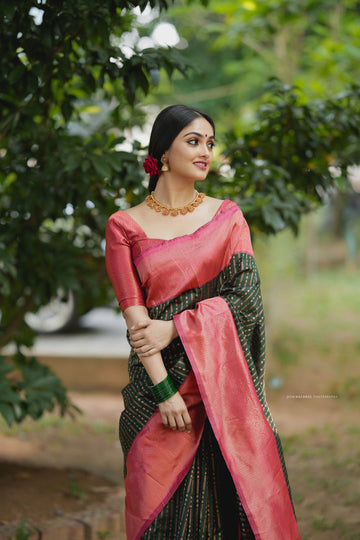 Dark Green With Peach Pure Soft Semi Silk Saree With Attractive Blouse Piece