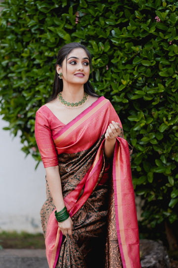 Dark Green With Peach Pure Soft Semi Silk Saree With Attractive Blouse Piece