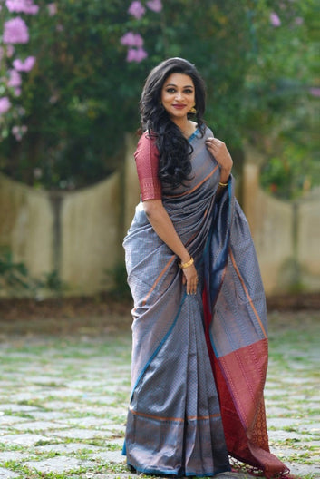 Dark Firozi Saree With Maroon Combination Comes With Attached Blouse