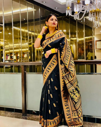 Symmetrical Black Pure Soft Silk Saree With Engrossing Blouse Piece
