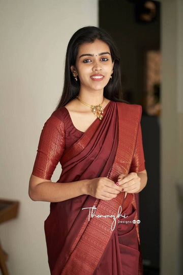 Maroon Semi Silk Saree Weaved With Copper Zari With Attached Heavy Brocade Blouse