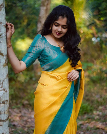 Yellow & Firozi Combination Pure Soft Semi Silk Saree With Attractive Blouse Piece