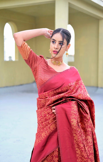 Staring Maroon Pure Soft Silk Saree With Tempting Blouse Piece