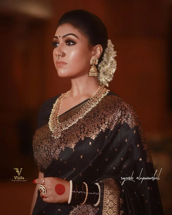 Black Pure Soft Semi Silk Saree With Attractive Blouse Piece Weaved With Copper Zari