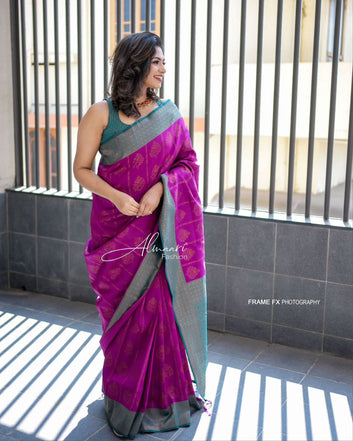 Purple Pure Semi Silk Saree Weaved With Copper Zari With Imbrication Blouse Piece