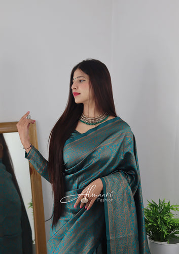Staring Rama Pure Soft Silk Saree With Tempting Heavy Brocade Blouse Piece