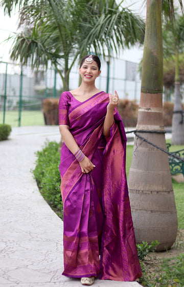 Purple Pure Soft Silk Saree Weaved With Copper Zari With Imbrication Blouse Piece