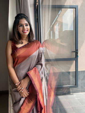Grey Pure Soft Semi-Silk Saree With Engrossing Maroon Blouse Piece