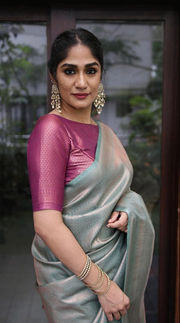 Phenomenal Firozi & Magenta Pure Soft Silk Saree With Imbrication Blouse Piece