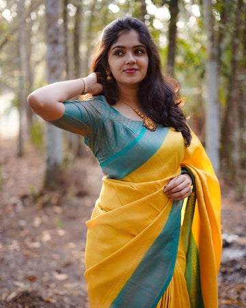 Yellow & Firozi Combination Pure Soft Semi Silk Saree With Attractive Blouse Piece