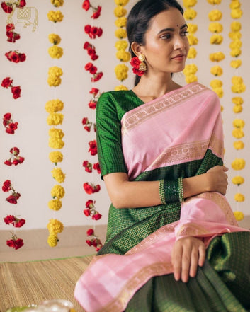 Green Semi Silk Saree Weaved With Golden Zari With Attached Heavy Brocade Blouse