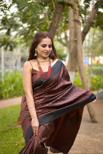Black Semi Silk Saree Weaved With Copper Zari With Attached Heavy Brocade Blouse