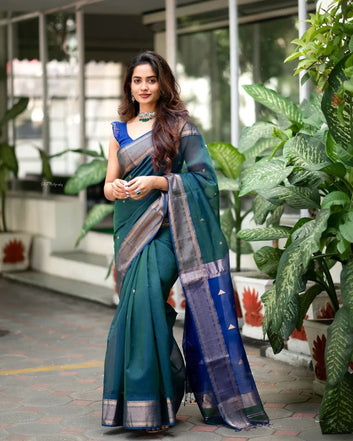 Royal Blue & Rama Dual Tone Pure Soft Semi Silk Saree With Attractive Blouse Piece