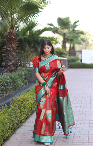 Red Pure Soft Organza Silk Saree Stylish Blouse Piece