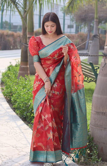 Red Pure Soft Organza Silk Saree Stylish Blouse Piece