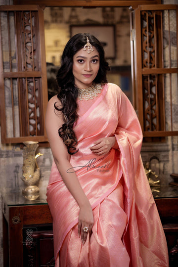 Peach Pure Soft Silk Saree With Golden Zari Weaving With Attractive Blouse Piece