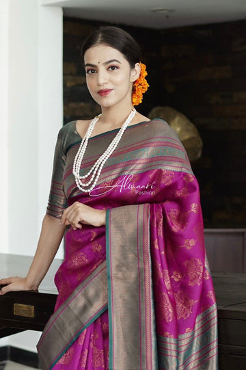 Phenomenal Purple Soft Silk Saree Weaved With Copper Zari With Imbrication Blouse Piece