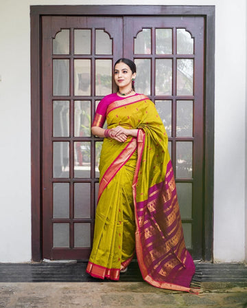 Parrot Green & Pink Pure Soft Semi Silk Saree With Attractive Blouse Piece
