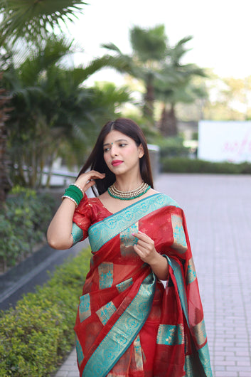 Red Pure Soft Organza Silk Saree Stylish Blouse Piece
