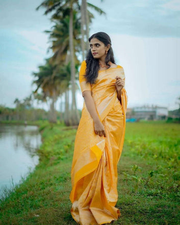 Yellow Pure Soft Silk Saree With Lovely Blouse Piece