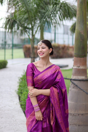 Purple Pure Soft Silk Saree Weaved With Copper Zari With Imbrication Blouse Piece