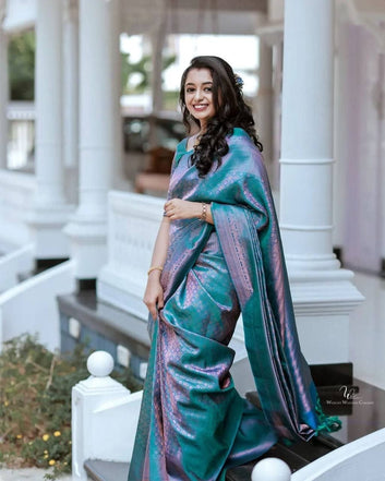 Firozi Semi Silk Saree Weaved With Copper Zari With Attached Heavy Brocade Blouse