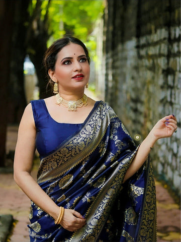 Navy Blue Semi Silk Saree Weaved With Copper Zari With Attached Heavy Brocade Blouse
