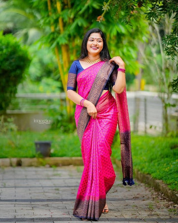 Pink & Blue Pure Soft Silk Saree With Attractive Blouse Piece