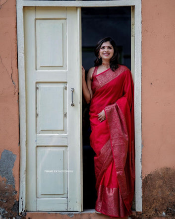 Red Semi Silk Saree Weaved With Golden Zari With Attached Heavy Brocade Blouse