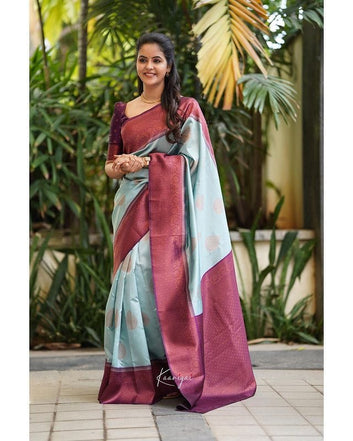 Firozi Pure Soft Silk Saree With Attractive Blouse Piece