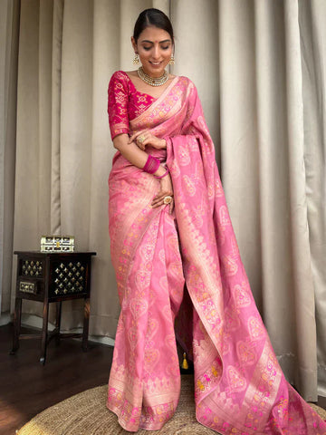 Onion Pink Pure Soft Silk Saree With Twirling Blouse Piece