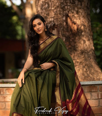 Dark Green & Maroon Combination Pure Soft Semi Silk Saree With Attractive Blouse Piece