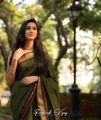 Dark Green & Maroon Combination Pure Soft Semi Silk Saree With Attractive Blouse Piece