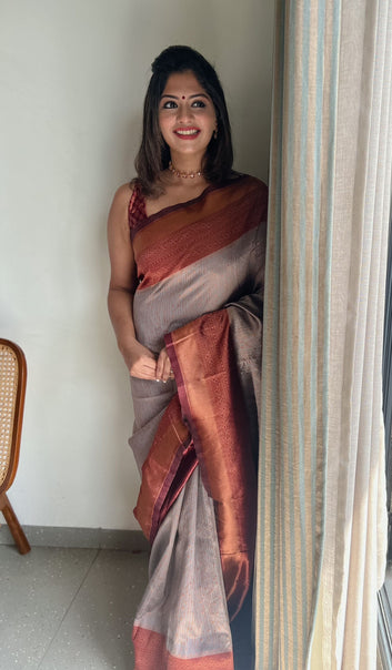 Grey Pure Soft Semi-Silk Saree With Engrossing Maroon Blouse Piece