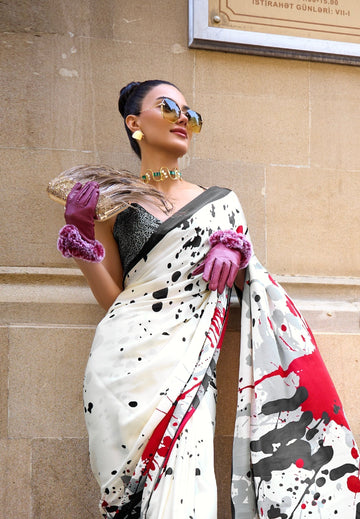 Pure Satin Crape Multi Coloured Printed Saree Comes With Attached Blouse