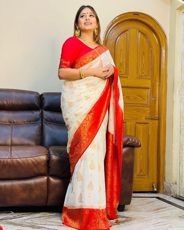White & Red Pure Soft Kota Silk Saree With Lovely Blouse Piece