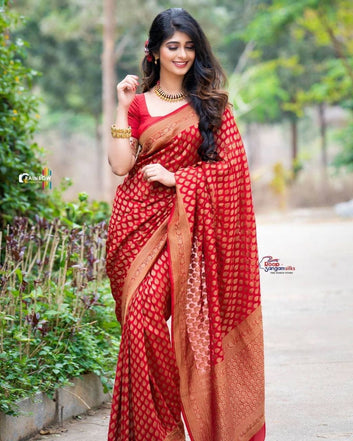 Red Semi Silk Saree Weaved With Golden Zari With Attached Heavy Brocade Blouse
