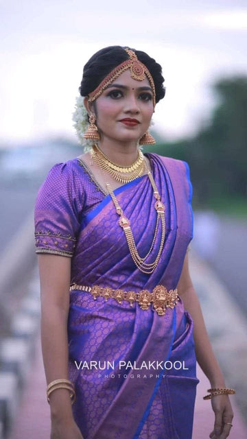 Violet Semi Silk Saree Weaved With Copper Zari With Attached Heavy Brocade Blouse