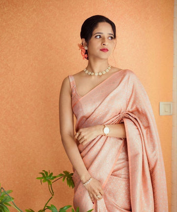 Peach Semi Silk Saree Weaved With Silver Zari With Attached Heavy Brocade Blouse