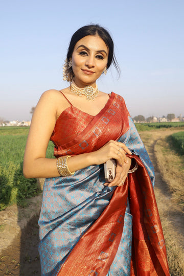 Firozi Soft Semi-Silk Saree With Engrossing Maroon Blouse Piece