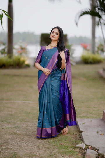Royal Blue & Rama Dual Tone Pure Soft Semi Silk Saree With Attractive Blouse Piece