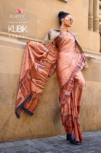 Pure Satin Crape Multi Coloured Printed Saree Comes With Attached Blouse