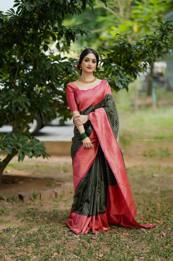 Dark Green With Peach Pure Soft Semi Silk Saree With Attractive Blouse Piece