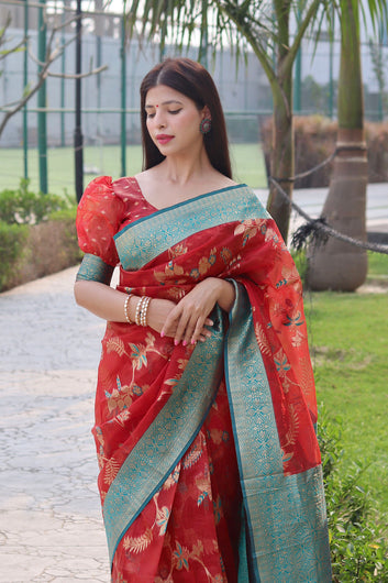 Red Pure Soft Organza Silk Saree Stylish Blouse Piece