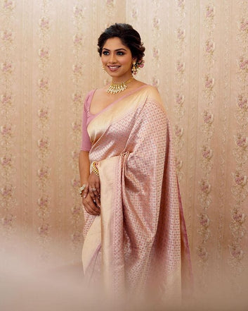 Symmetrical Baby Pink Pure Soft Silk Saree With Engrossing Blouse Piece
