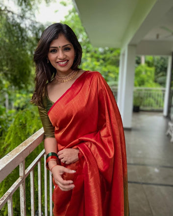 Orange & Green Pure Soft Silk Saree With Attractive Blouse Piece