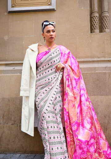 Pure Satin Crape Multi Coloured Printed Saree Comes With Attached Blouse
